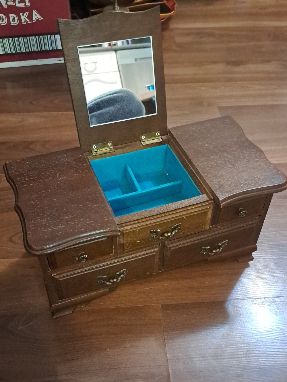 Vintage Wooden Jewelry Box with Mirror - Teal Lined Interior